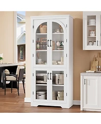 gaomon 70" Tall Kitchen Pantry Cabinet - Modern Display with 4 Arched Glass Doors and Adjustable Shelves, Versatile Cupboard Organizers