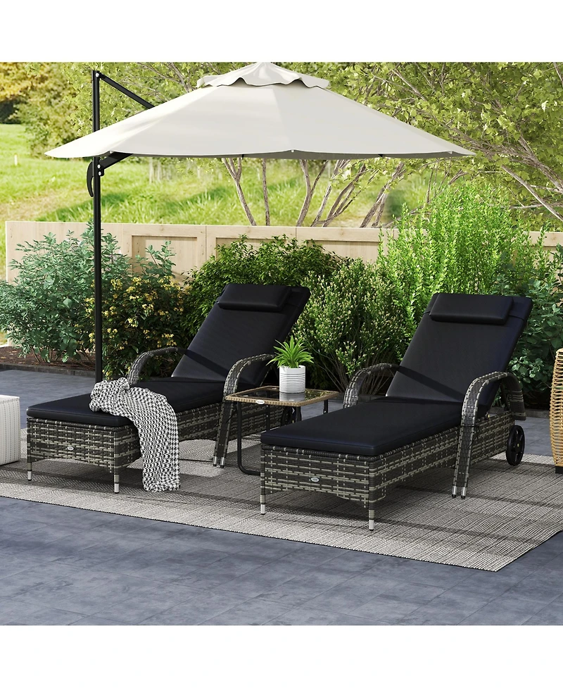 Outdoor 2 Pe Rat Sun Bathing Chairs w/ Cushions and Pillows,