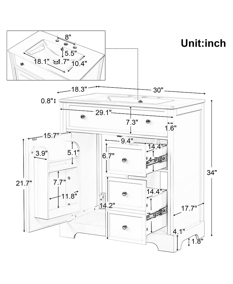 Sillysis Bathroom Vanity with Ceramic Sink, Solid Wood Frame, 2 Drawers & Soft Close Cabinet, Ample Storage