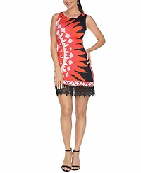 White Mark Women's Printed Sleeveless Lace Hem Sheath Dress