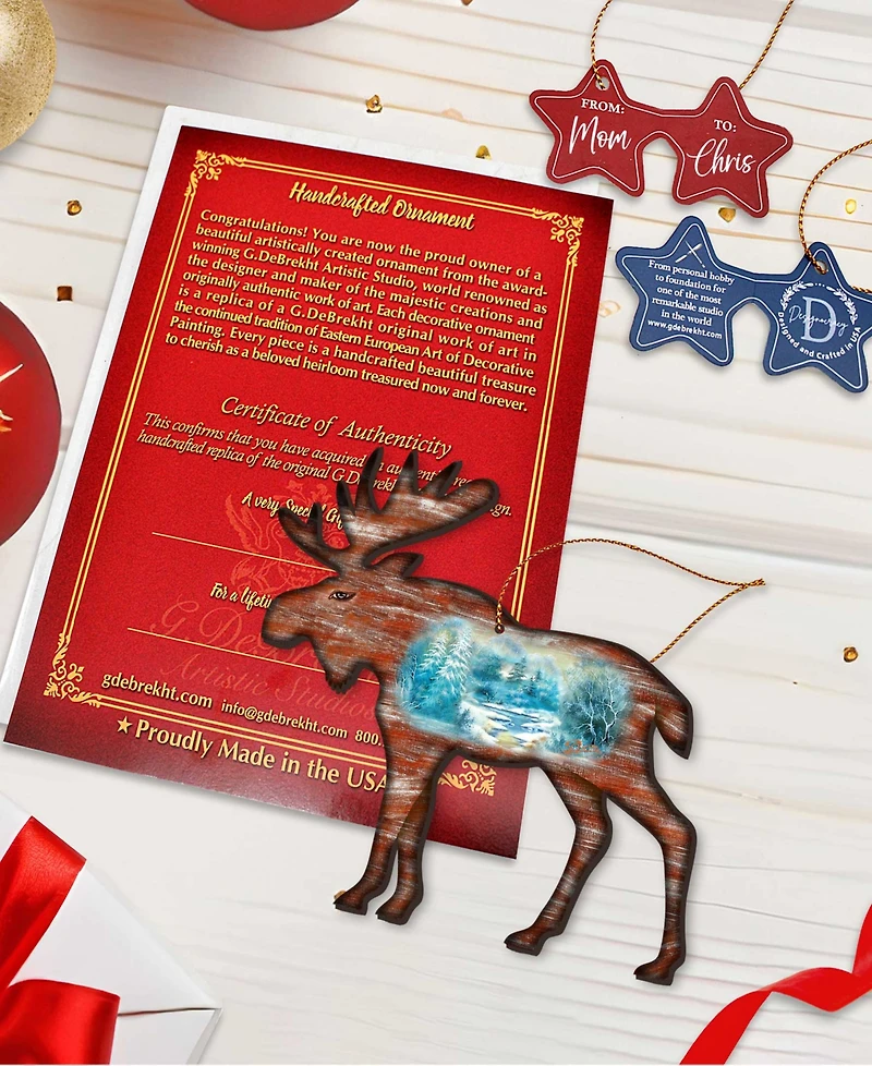 Designocracy Woodsy Moose Scenic Wooden Christmas Ornament Set of 2