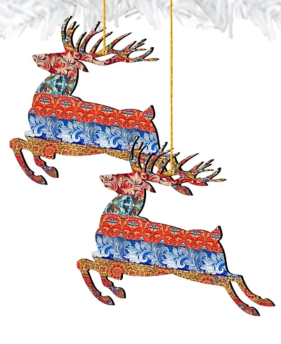 Designocracy Rustic Prancing Deer Wooden Christmas Ornament, Set of 2