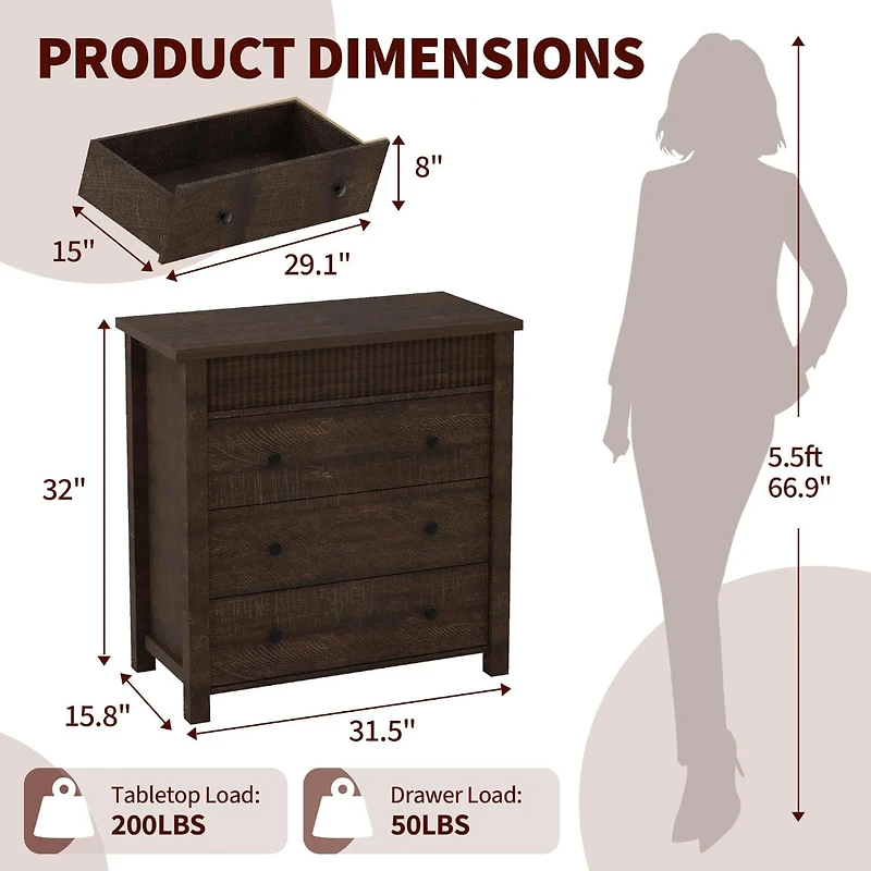 3-Drawer Fluted Nightstand Dresser, Wooden Storage Chest with Anti-Tip Kit for Bedroom, Living Room & Hallway