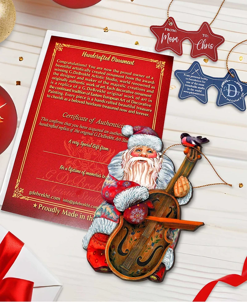 Designocracy Violin Santa Wooden Christmas Ornament, Set of 2