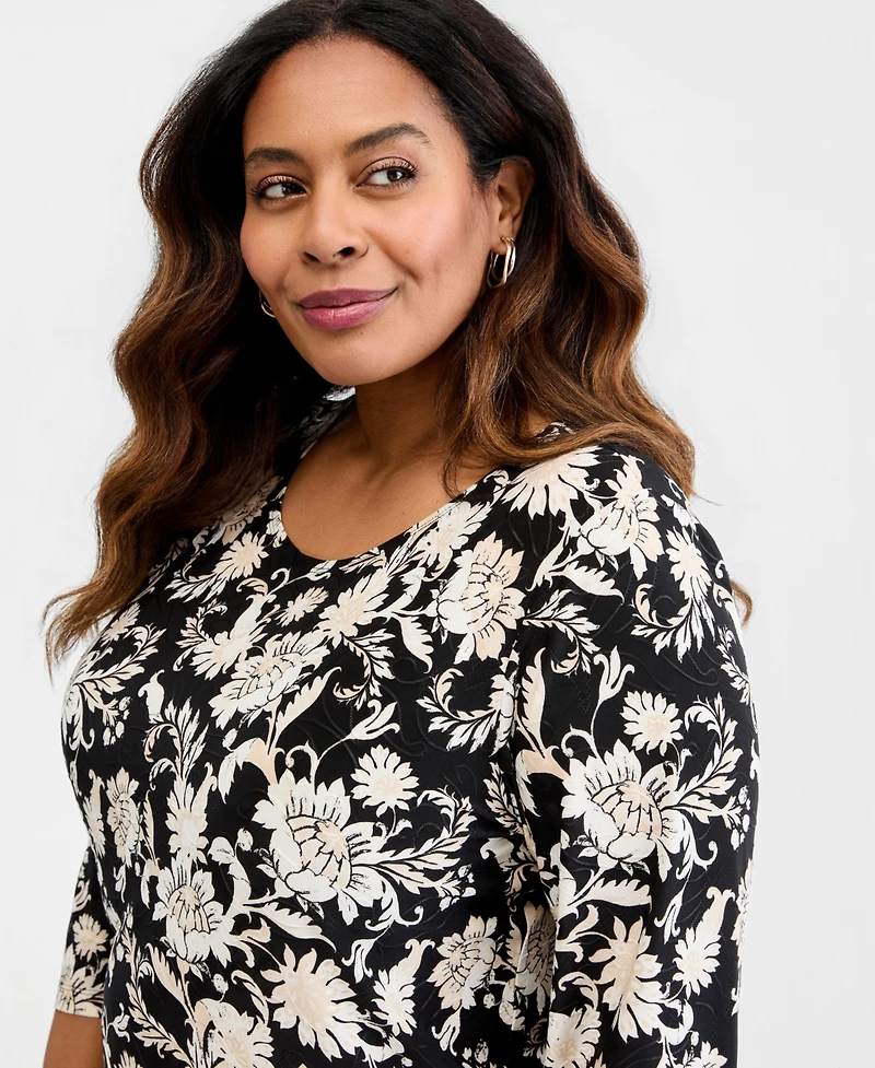 Jm Collection Plus Bold Floral Scroll 3/4-Sleeve Jacquard Top, Macy's Exclusive