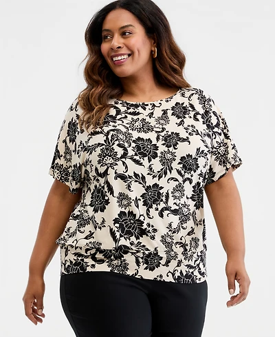 Jm Collection Plus Bianca Floral Scroll Banded-Bottom Top, Macy's Exclusive