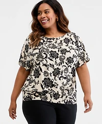 Jm Collection Plus Bianca Floral Scroll Banded-Bottom Top, Macy's Exclusive