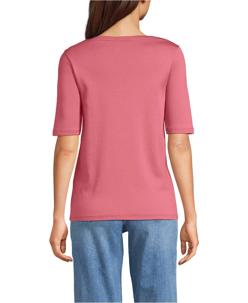 Lands' End Women's Supima Cotton Elbow Sleeve Boatneck Button Shoulder Tee