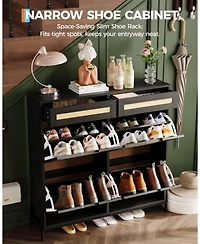 gaomon Freestanding Wooden Rattan Shoe Cabinet with 4 Flip Drawers and 2 Top Drawers