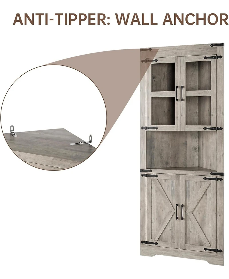 gaomon Tall Corner Cabinet Glass Door Adjustable Shelves Washed Grey for Kitchen and Bathroom