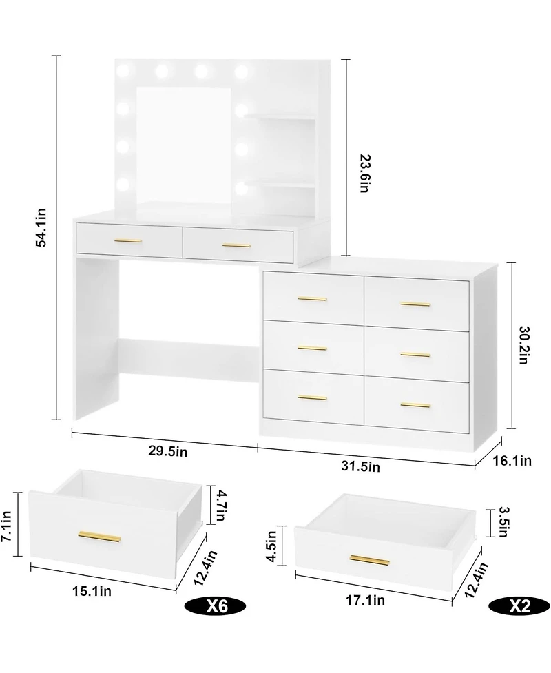 gaomon Vanity Desk with Lighted Mirror, 8 Storage Drawers, Adjustable Lighting, Vanity Table