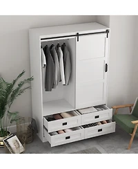 flynama Tall Bedroom Armoire Wardrobe Closet Clothing Storage Cabinet with Hanging Rod Barn Door Drawers and Open Shelves
