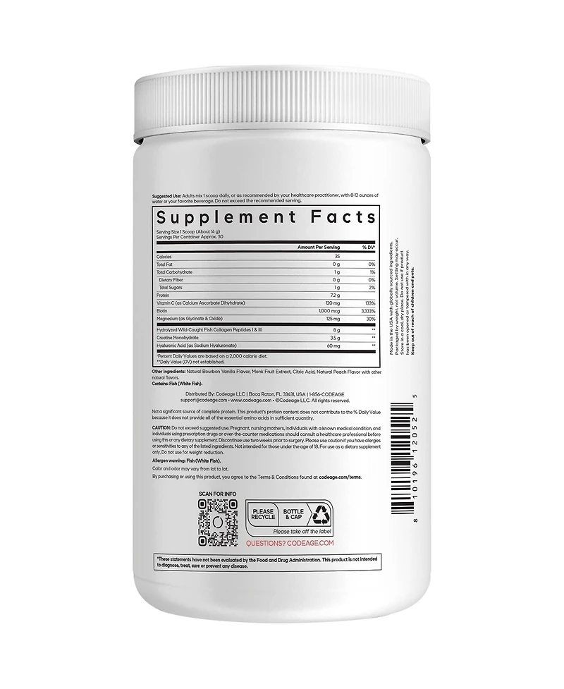 Codeage Creatine Collagen Peptides, Biotin, Magnesium, Hyaluronic Acid, Vit C, Vanilla Flavor, 15 oz