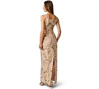 Adrianna Papell Women's Printed Jacquard Bead Square Neck Column Dress