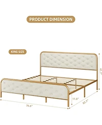 gaomon King Bed Frame with Button Velvet Headboard, Upholstered Tufted Footboard, Heavy Duty Metal Mattress Foundation, Solid Wood Slats Support