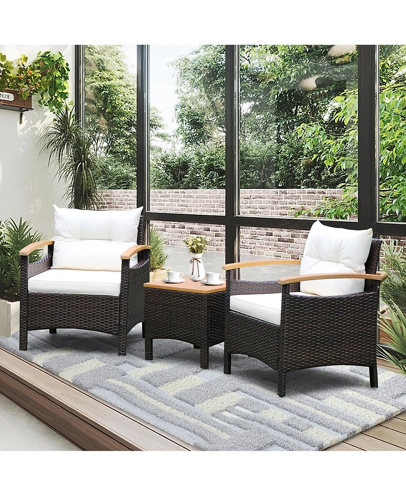 3PCS Patio Rattan Furniture Set Wooden Armrest Table Top Cushioned