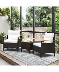 3PCS Patio Rattan Furniture Set Wooden Armrest Table Top Cushioned