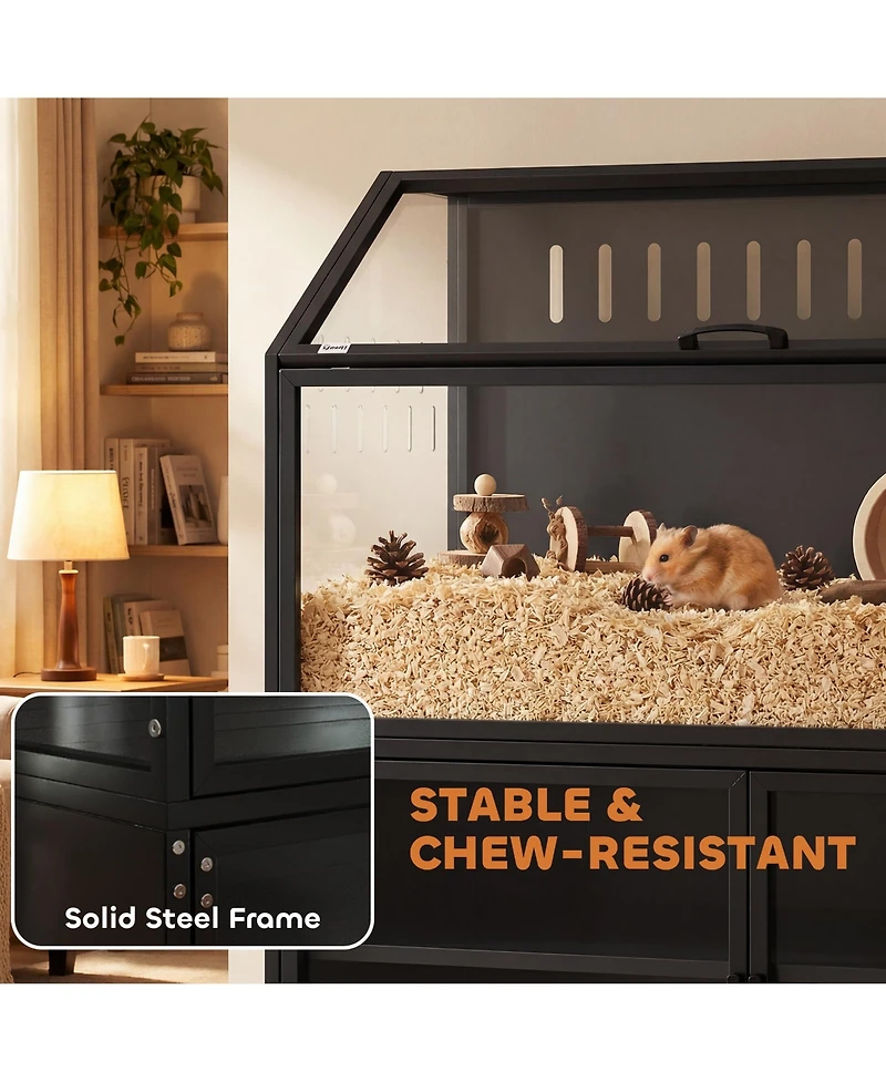 PawHut Hamster Cage with Storage Cabinet, Small Animal Cage with Acrylic Panels