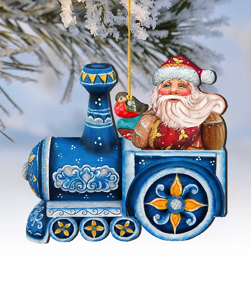 Designocracy Train Riding Santa Wooden Christmas Ornament Set of 2