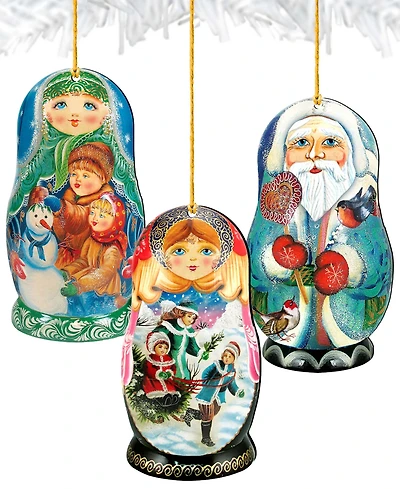 Designocracy Winter Play Dolls Wooden Ornaments, Set of 3