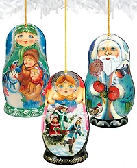 Designocracy Winter Play Dolls Wooden Ornaments, Set of 3