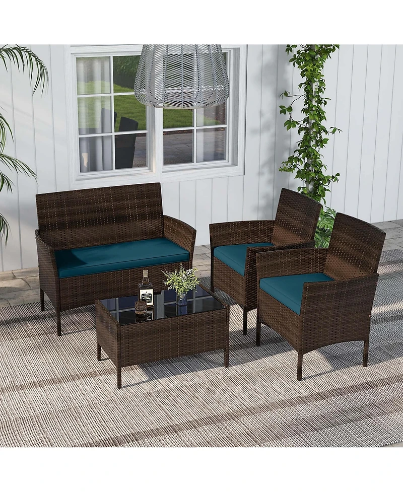 Costway 4 Pc. Patio Furniture Set with Washable Cushions and Tempered Glass Coffee Table
