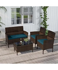Costway 4 Pc. Patio Furniture Set with Washable Cushions and Tempered Glass Coffee Table