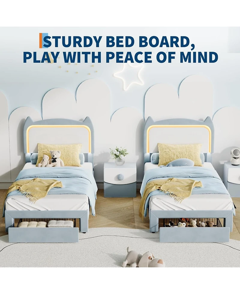 gaomon Bed Frame with Cat Headboard, Twin Platform Grb Led Lights, Storage Drawer & Strong Wood Slats Support