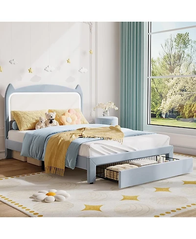 gaomon Bed Frame with Cat Headboard, Twin Platform Grb Led Lights, Storage Drawer & Strong Wood Slats Support