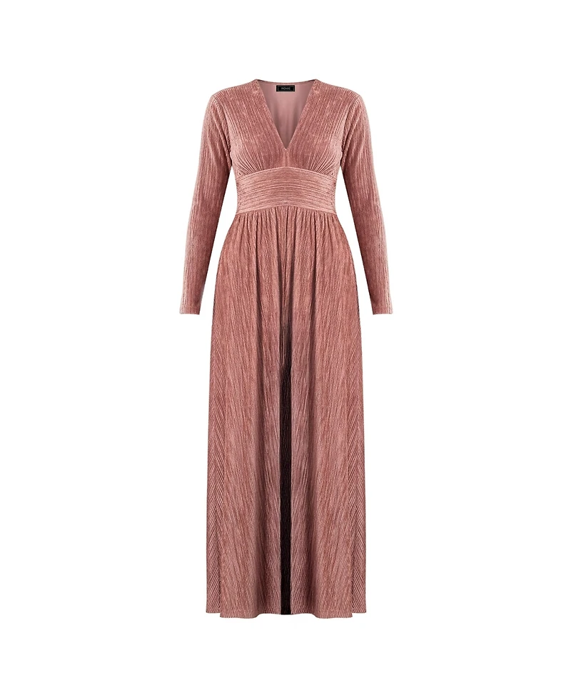 Ivonne Women's Long Velvet Pleated V-Neck Dress