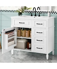 Sillysis Freestanding Bathroom Vanity with Ceramic Sink, Flip Drawers & Adjustable Shelf, Modern Storage Cabinet