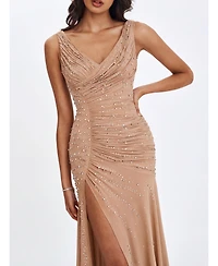 Miss Circle Women's Viveca Apricot Crystal-Embellished Asymmetrical Ruched Maxi Dress