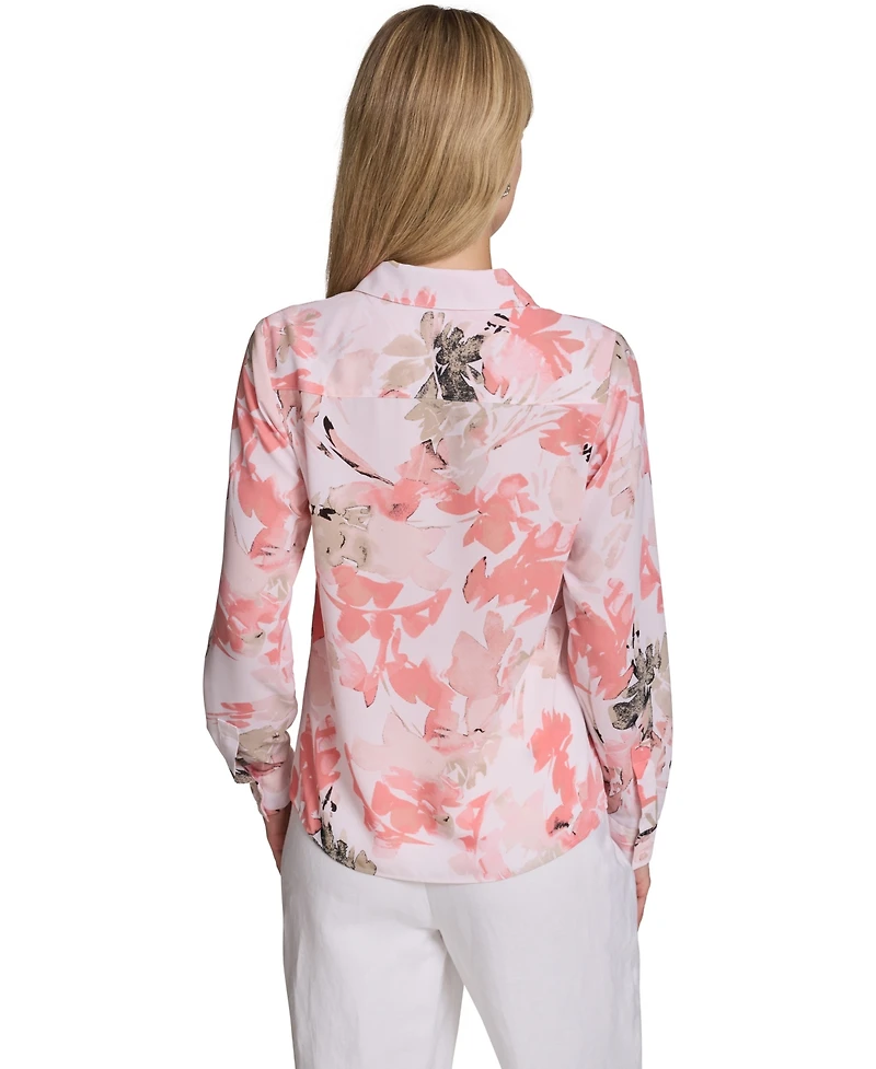 Calvin Klein Petite Floral-Print Long-Sleeve Blouse