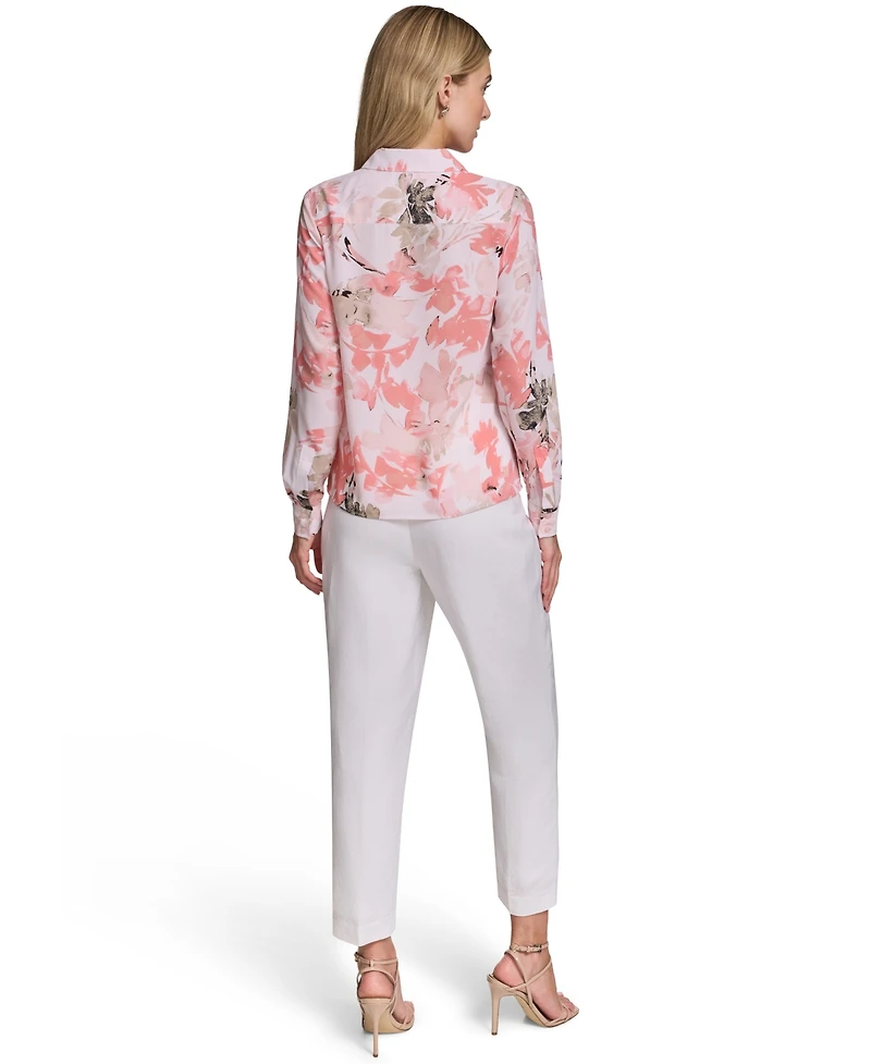 Calvin Klein Petite Floral-Print Long-Sleeve Blouse