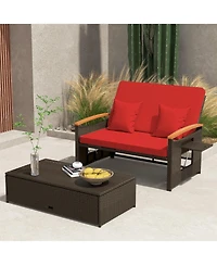 Gymax Patio Rattan Daybed Set w/ Cushioned Loveseat and Storage Ottoman