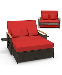 Gymax Patio Rattan Daybed Set w/ Cushioned Loveseat and Storage Ottoman