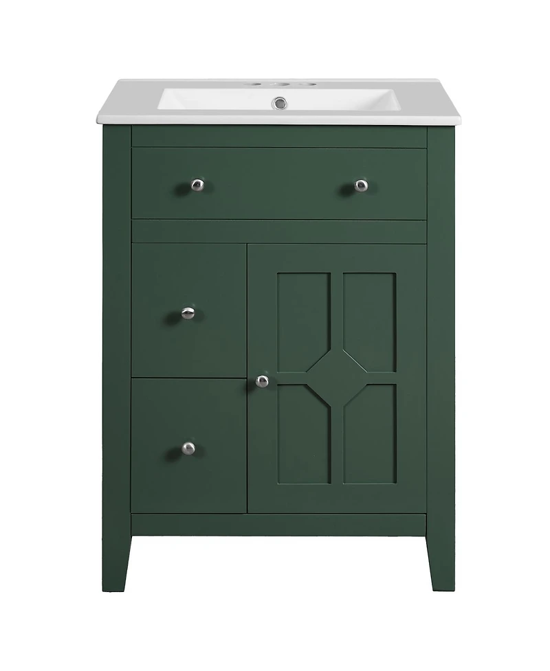 Sillysis 24" Bathroom Vanity with Ceramic Basin, Modern Cabinet with 2 Drawers, Soft-Closing Door & Adjustable Shelf for Small Bathrooms