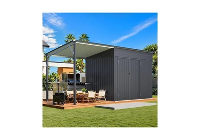Aecojoy Outdoor Open-Sided Storage Shed with Attached Hardtop Metal Pergola