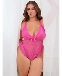 Oh La Cheri Women's Curvy Valentine Sheer Lacey Teddy