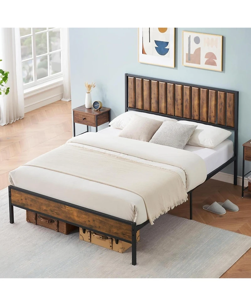 gaomon Rustic Full Bed Frame With Headboard Metal Platform Farmhouse Heavy Duty No Box Spring Easy Storage