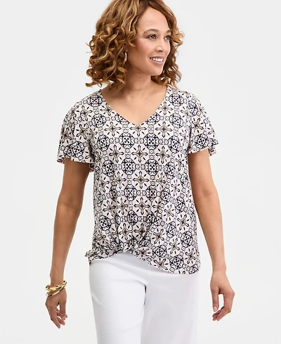 Jm Collection Women's Printed Short Sleeve V-Neck Twist-Front Top, Macy's Exclusive