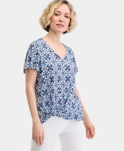 Jm Collection Womens Printed Short Sleeve V Neck Twist Front Top Macys Exclusive