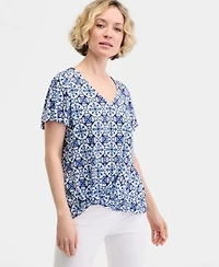 Jm Collection Womens Printed Short Sleeve V Neck Twist Front Top Macys Exclusive