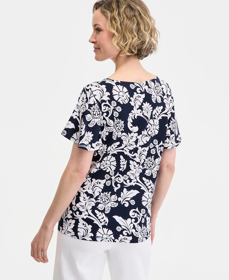 Jm Collection Women's Printed Short Sleeve V-Neck Twist-Front Top, , Macy's Exclusive