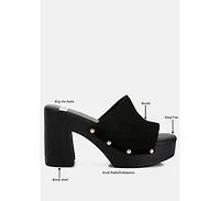 Cartera Suede High Block Heel Clogs Black