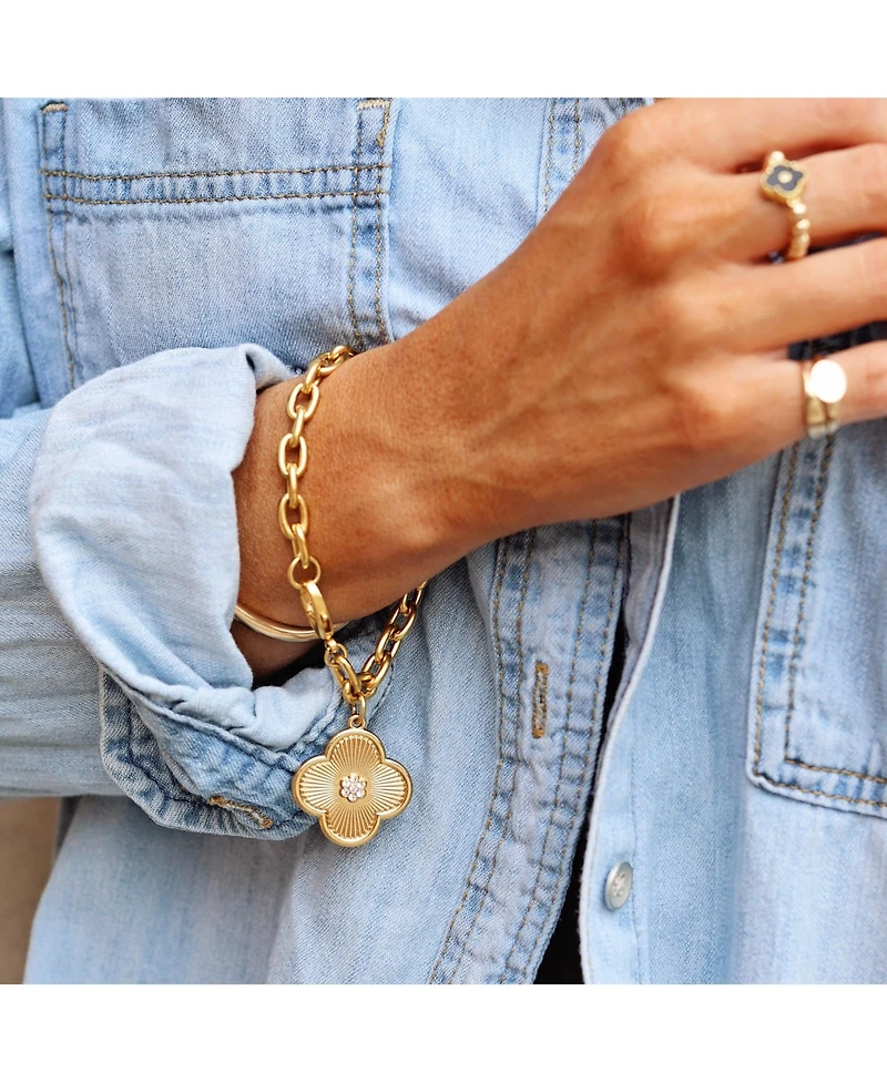 Bowood Lane Clover Charm with Micro Pave Cz Center On A Plated Oval Chain Bracelet