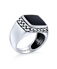 Bling Jewelry Classic Chain Link Accent Black Onyx Square Signet Ring Heavy Oxidized .925 Sterling Silver
