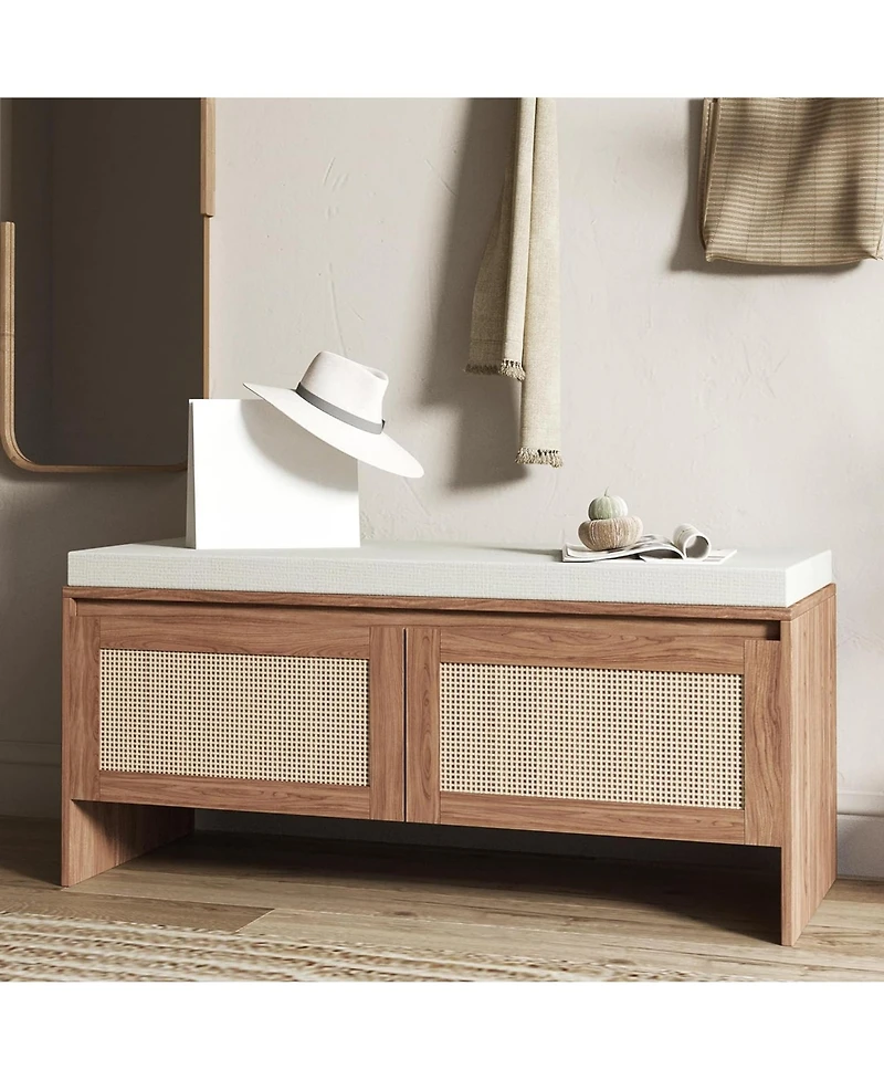 Rainsken Rattan Entryway Bench, Wooden Bench with Storage and Cushion Seating for Bedroom, Hallway
