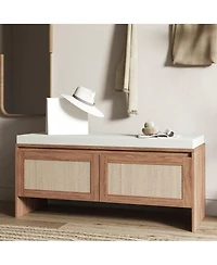 Rainsken Rattan Entryway Bench, Wooden Bench with Storage and Cushion Seating for Bedroom, Hallway