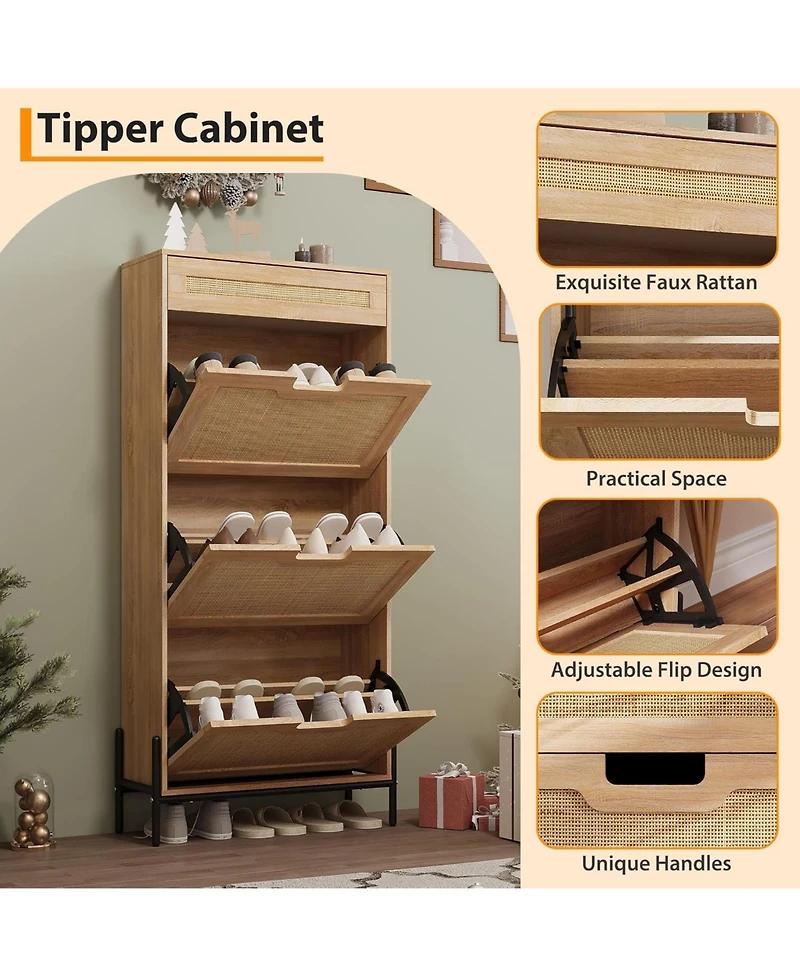 gaomon Rattan Shoe Cabinet with 3 Flip Doors and Drawer Freestanding Shoe Organizer with Adjustable Shelves